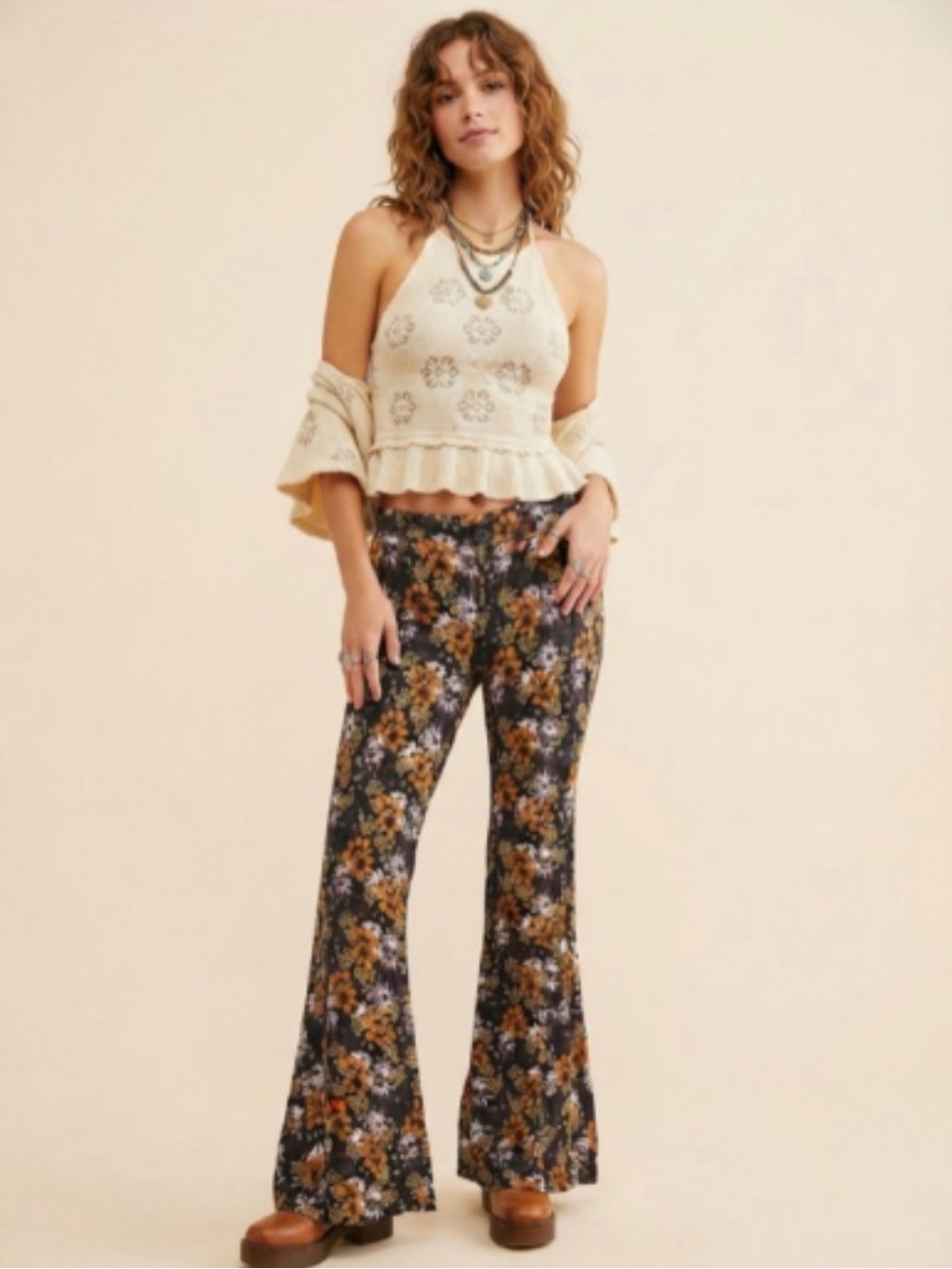 Free People "Can't Take My Eyes Off Of You" Floral Flare Pants M EUC Boho Retro
